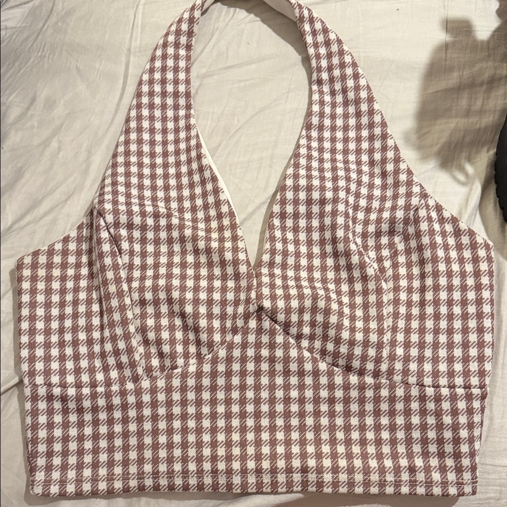 21 Saints Houndstooth Gingham Cropped Halter Top - Brown and White large